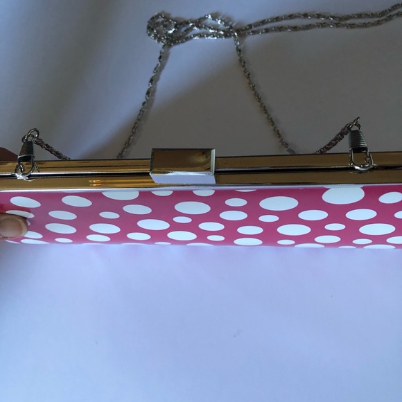 Neiman Marcus Pink & White Polka Dot Clutch with silver chain - Picture 3 of 4
